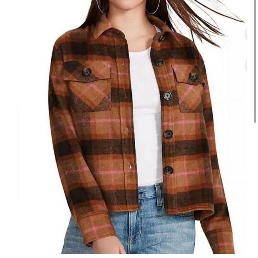 BB Dakota by Steve Madden Tan and Pink Plaid Utility Jacket - Picture 4 of 6